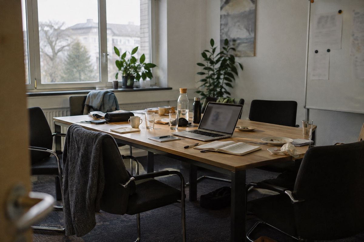 Besprechungsraum nach einem Meeting: Auf dem Holztisch stehen ein aufgeklappter Laptop, Gläser und Tassen, daneben liegt ein offenes Notizbuch mit Stift. An der Wand hängt ein Whiteboard mit Notizen.