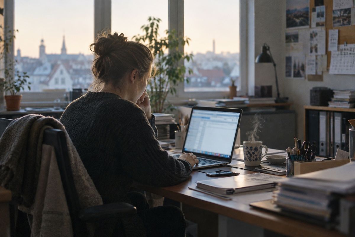 Eine Frau sitzt am Schreibtisch vor einem großen Fenster mit Blick über die Dächer einer Stadt und liest am Laptop ihre E-Mails. Neben ihr dampft eine Tasse, daneben liegen Unterlagen und Ordner.