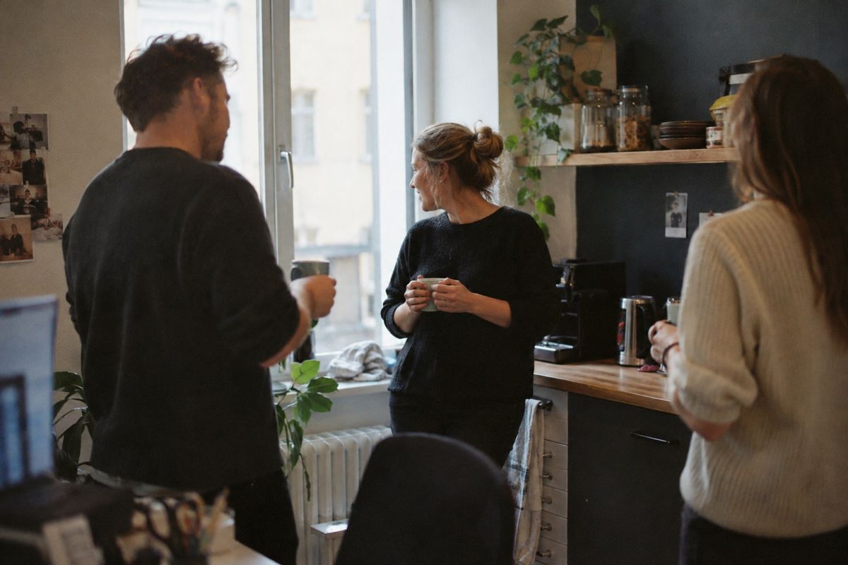 Kaffeepause in der Büroküche: Ein Mann und zwei Frauen stehen mit Tassen beisammen, eine Kollegin lehnt am Fenster neben der Kaffeemaschine. Im Vordergrund ist ein Schreibtisch mit Bildschirm angeschnitten.