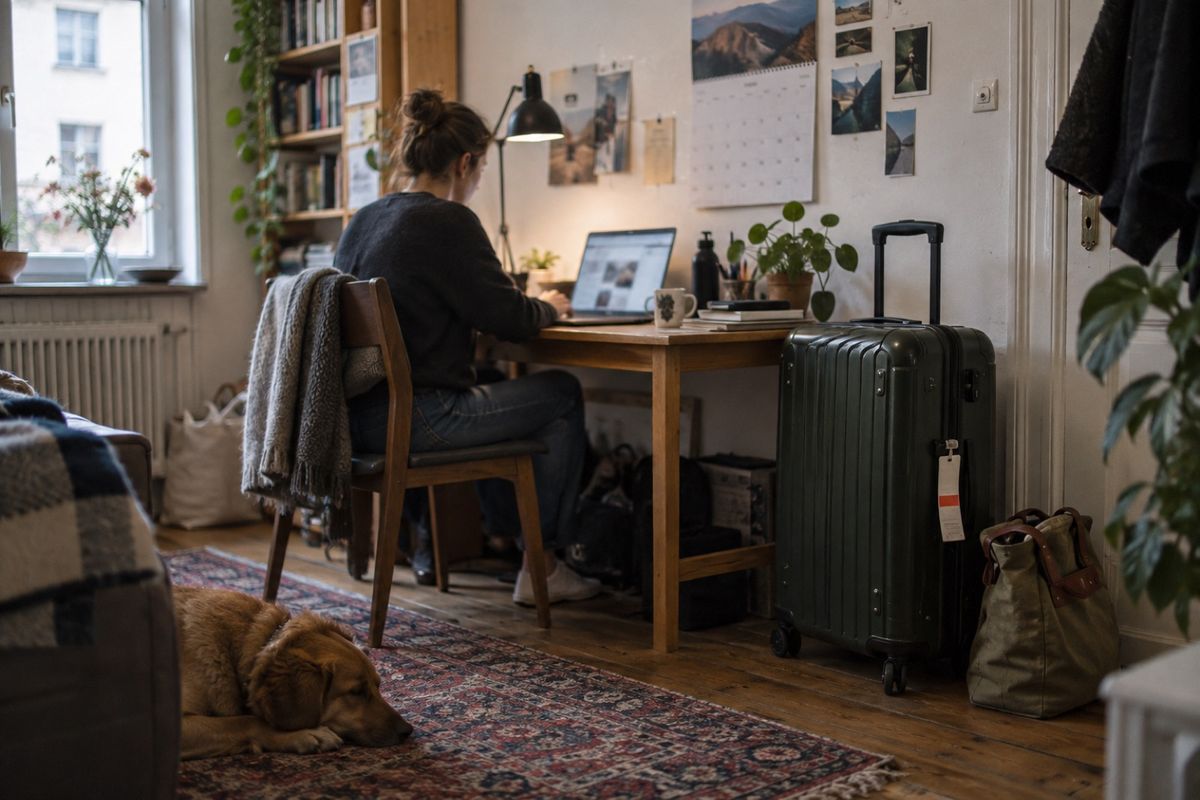 Eine Frau sitzt in ihrer Wohnung am Schreibtisch und arbeitet am Laptop. Neben dem Tisch steht ein Rollkoffer mit Gepäckanhänger, an der Wand hängt ein Kalender, auf dem Teppich liegt ein Hund.