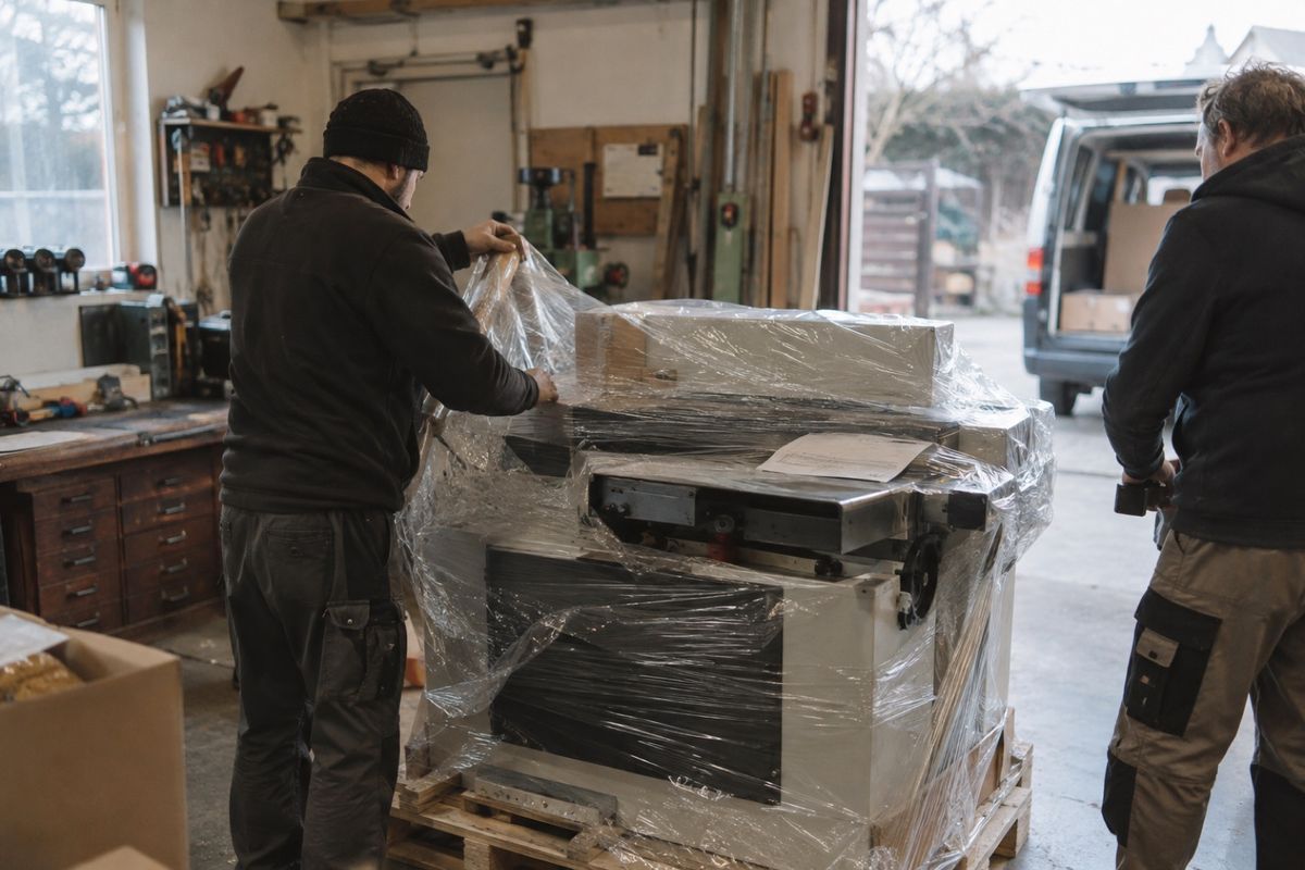 Zwei Männer packen in einer Werkstatt eine neue Maschine aus, die noch in Folie eingeschlagen auf einer Holzpalette steht. Dahinter stehen eine Werkbank mit Werkzeug und ein Transporter vor dem offenen Tor.