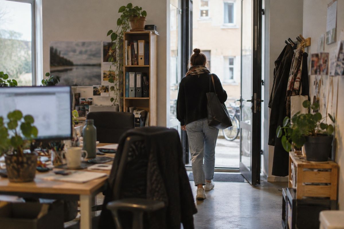 Eine Frau mit Tasche über der Schulter verlässt das Büro durch die offene Tür. Im Vordergrund stehen ein Schreibtisch mit Bildschirm und Pflanzen, an der Wand hängen Jacken an der Garderobe.